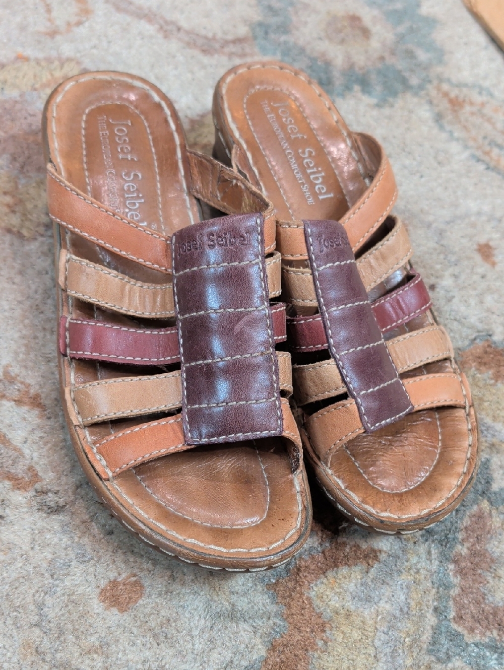 Josef Seibel Multi-Tone Leather Slide Sandals in Brown and Tan 56374